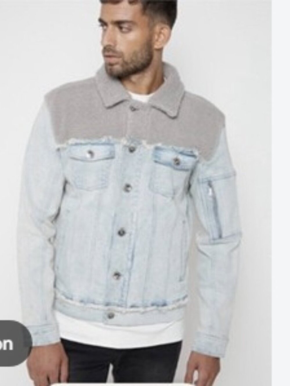 Like New! Manière De Voir Mix Media Denim Jacket Gray Sherpa Yoke Cotton Blend S